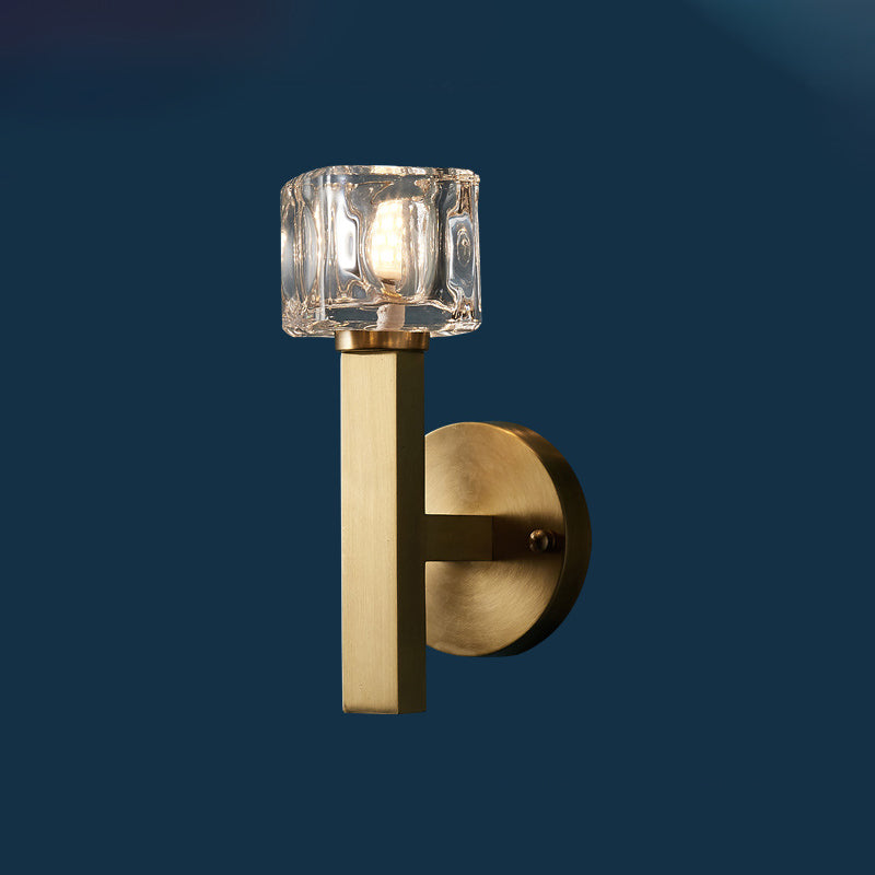Modern Cylindrical Sconce Light 1/2-Bulb Clear Crystal Block Wall Lighting Fixture in Brass for Living Room Clearhalo 'Cast Iron' 'Glass' 'Industrial' 'Modern wall lights' 'Modern' 'Tiffany' 'Traditional wall lights' 'Wall Lamps & Sconces' 'Wall Lights' Lighting' 885918