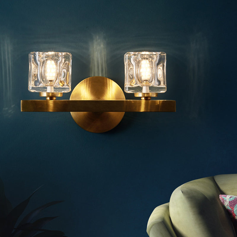 Modern Cylindrical Sconce Light 1/2-Bulb Clear Crystal Block Wall Lighting Fixture in Brass for Living Room 2.0 Brass Clearhalo 'Cast Iron' 'Glass' 'Industrial' 'Modern wall lights' 'Modern' 'Tiffany' 'Traditional wall lights' 'Wall Lamps & Sconces' 'Wall Lights' Lighting' 885920