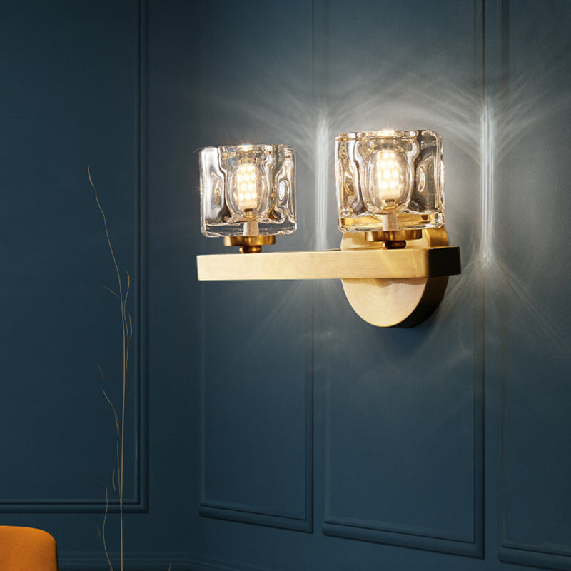 Modern Cylindrical Sconce Light 1/2-Bulb Clear Crystal Block Wall Lighting Fixture in Brass for Living Room Clearhalo 'Cast Iron' 'Glass' 'Industrial' 'Modern wall lights' 'Modern' 'Tiffany' 'Traditional wall lights' 'Wall Lamps & Sconces' 'Wall Lights' Lighting' 885921