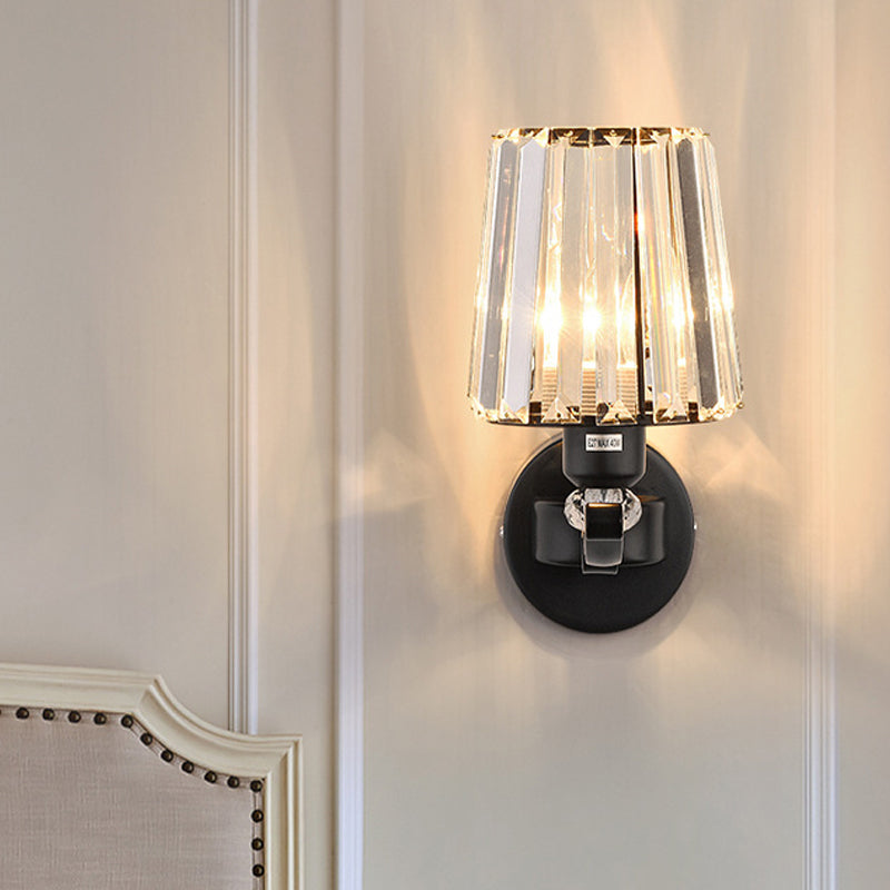 1/2-Bulb Tapered Sconce Lamp Modern Black Crystal Block Wall Light Fixture for Living Room 1.0 Black Clearhalo 'Cast Iron' 'Glass' 'Industrial' 'Modern wall lights' 'Modern' 'Tiffany' 'Traditional wall lights' 'Wall Lamps & Sconces' 'Wall Lights' Lighting' 885925