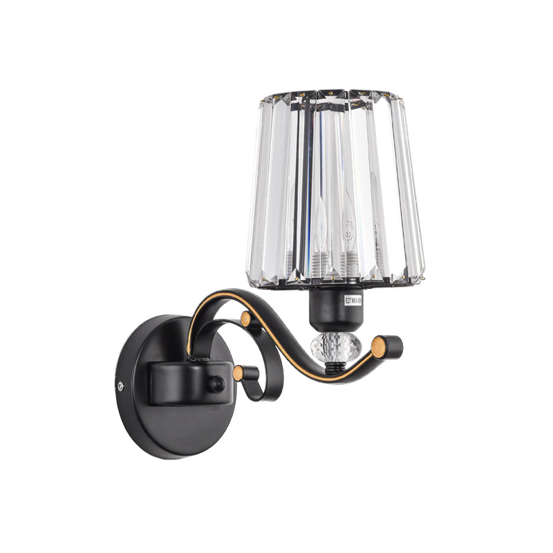 1/2-Bulb Tapered Sconce Lamp Modern Black Crystal Block Wall Light Fixture for Living Room Clearhalo 'Cast Iron' 'Glass' 'Industrial' 'Modern wall lights' 'Modern' 'Tiffany' 'Traditional wall lights' 'Wall Lamps & Sconces' 'Wall Lights' Lighting' 885926