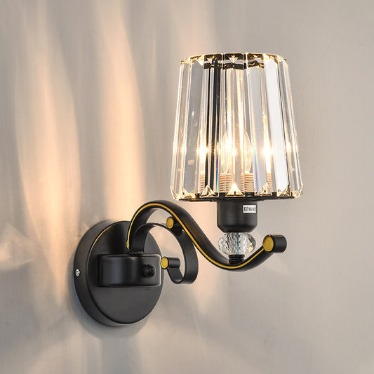 1/2-Bulb Tapered Sconce Lamp Modern Black Crystal Block Wall Light Fixture for Living Room Clearhalo 'Cast Iron' 'Glass' 'Industrial' 'Modern wall lights' 'Modern' 'Tiffany' 'Traditional wall lights' 'Wall Lamps & Sconces' 'Wall Lights' Lighting' 885927