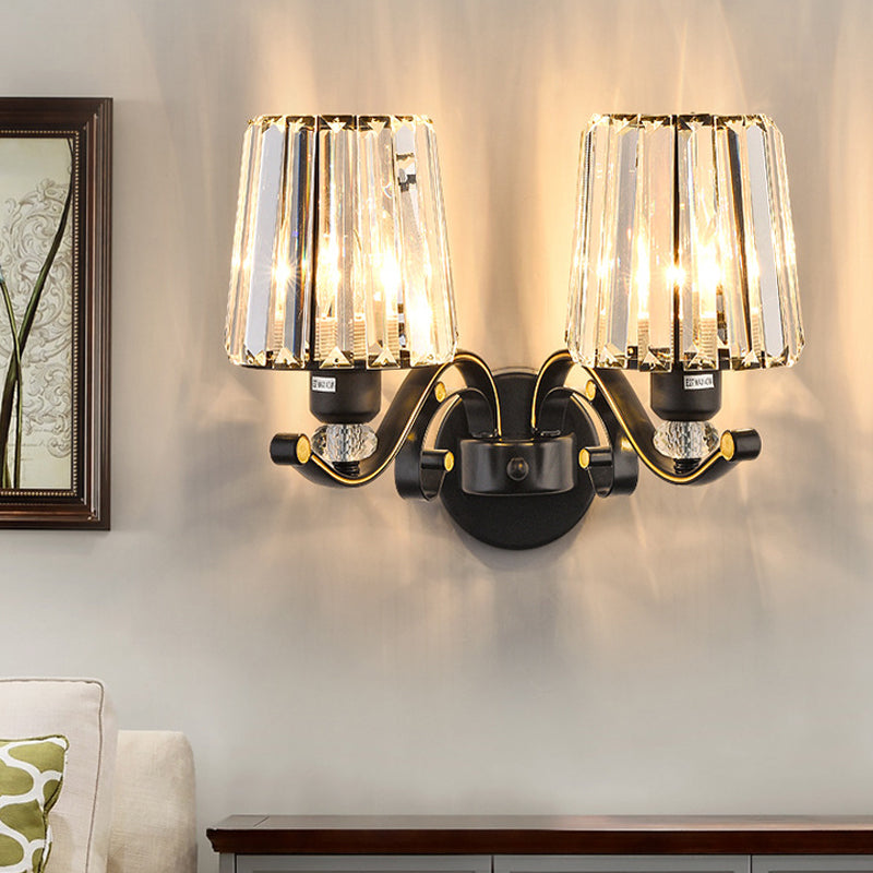 1/2-Bulb Tapered Sconce Lamp Modern Black Crystal Block Wall Light Fixture for Living Room 2.0 Black Clearhalo 'Cast Iron' 'Glass' 'Industrial' 'Modern wall lights' 'Modern' 'Tiffany' 'Traditional wall lights' 'Wall Lamps & Sconces' 'Wall Lights' Lighting' 885929