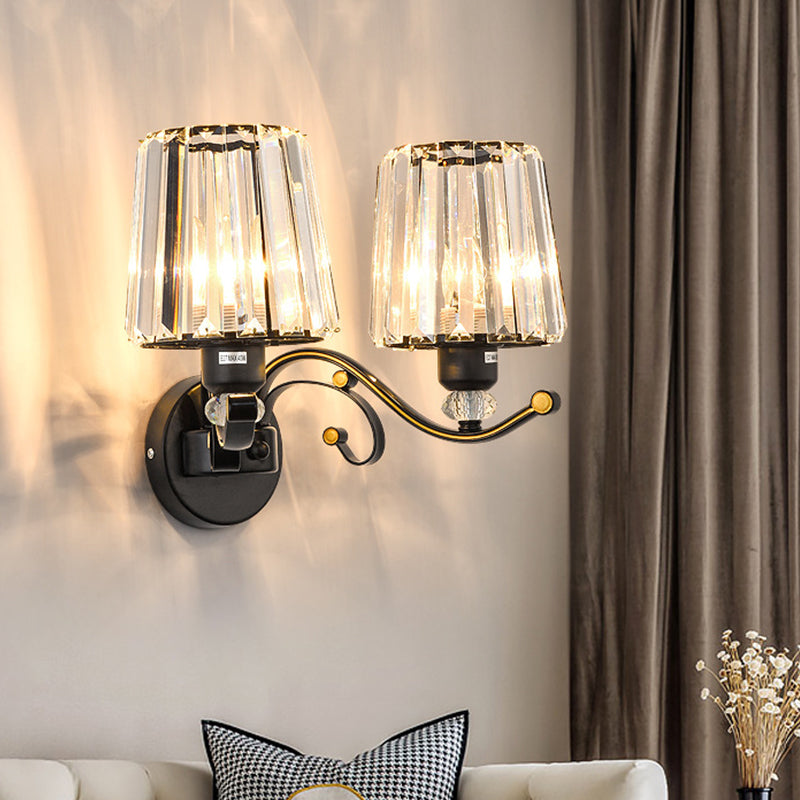 1/2-Bulb Tapered Sconce Lamp Modern Black Crystal Block Wall Light Fixture for Living Room Clearhalo 'Cast Iron' 'Glass' 'Industrial' 'Modern wall lights' 'Modern' 'Tiffany' 'Traditional wall lights' 'Wall Lamps & Sconces' 'Wall Lights' Lighting' 885930