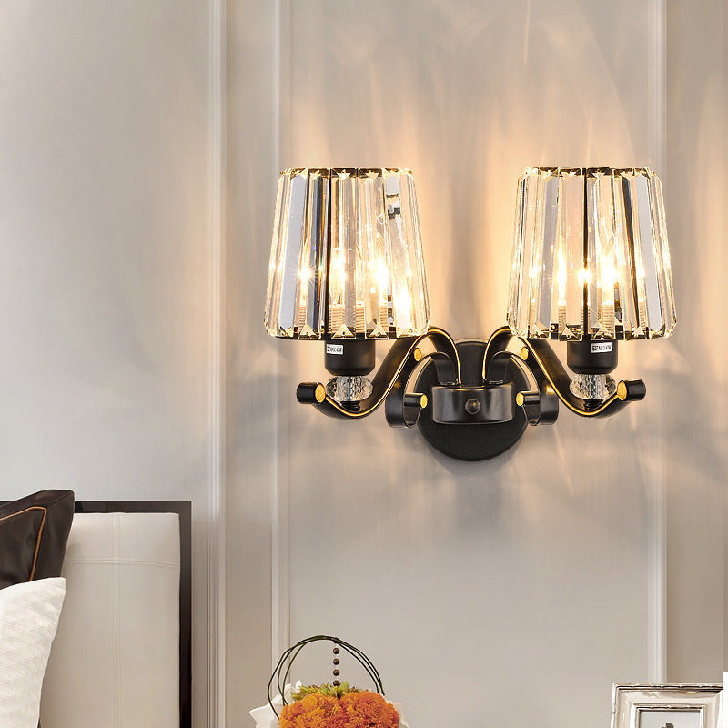 1/2-Bulb Tapered Sconce Lamp Modern Black Crystal Block Wall Light Fixture for Living Room Clearhalo 'Cast Iron' 'Glass' 'Industrial' 'Modern wall lights' 'Modern' 'Tiffany' 'Traditional wall lights' 'Wall Lamps & Sconces' 'Wall Lights' Lighting' 885931