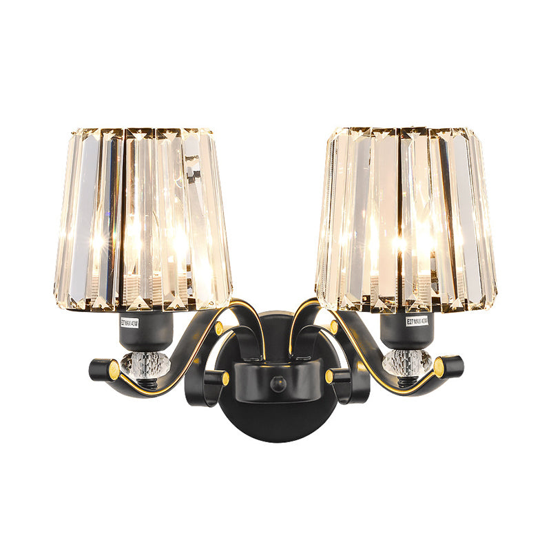 1/2-Bulb Tapered Sconce Lamp Modern Black Crystal Block Wall Light Fixture for Living Room Clearhalo 'Cast Iron' 'Glass' 'Industrial' 'Modern wall lights' 'Modern' 'Tiffany' 'Traditional wall lights' 'Wall Lamps & Sconces' 'Wall Lights' Lighting' 885932