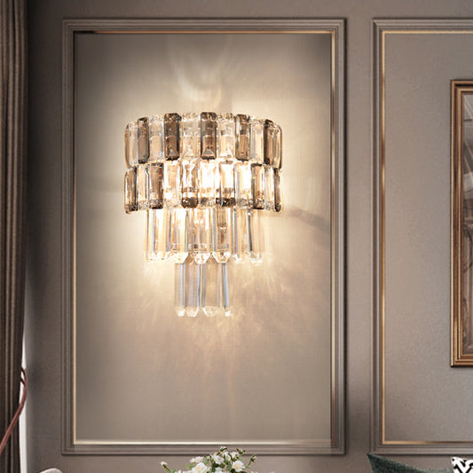 Layered Smoke Gray Crystal Sconce Modernism 2 Bulbs Living Room Wall Mounted Light Fixture Smoke Gray Clearhalo 'Modern wall lights' 'Modern' 'Wall Lamps & Sconces' 'Wall Lights' Lighting' 885934