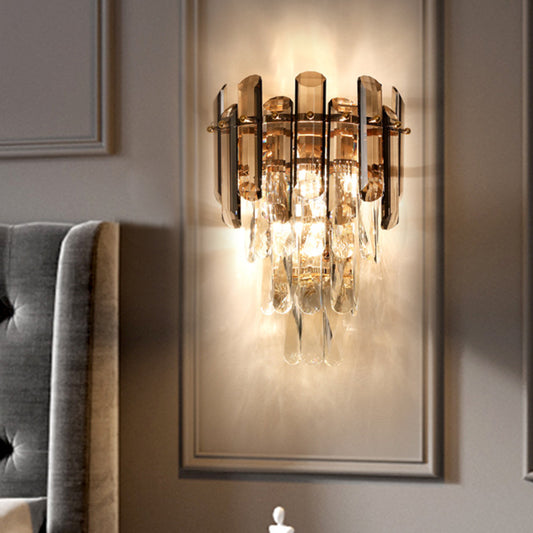 2 Heads Wall Sconce Modernist Tiered Clear and Smoke Gray Crystal Wall Lighting Fixture Smoke Gray Clearhalo 'Modern wall lights' 'Modern' 'Wall Lamps & Sconces' 'Wall Lights' Lighting' 885946