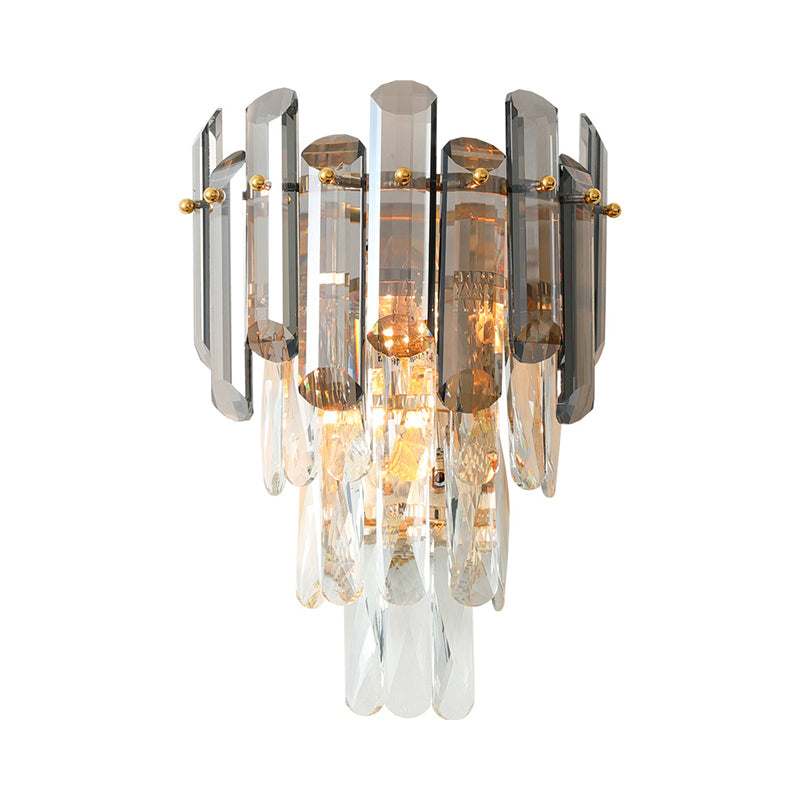2 Heads Wall Sconce Modernist Tiered Clear and Smoke Gray Crystal Wall Lighting Fixture Clearhalo 'Modern wall lights' 'Modern' 'Wall Lamps & Sconces' 'Wall Lights' Lighting' 885947