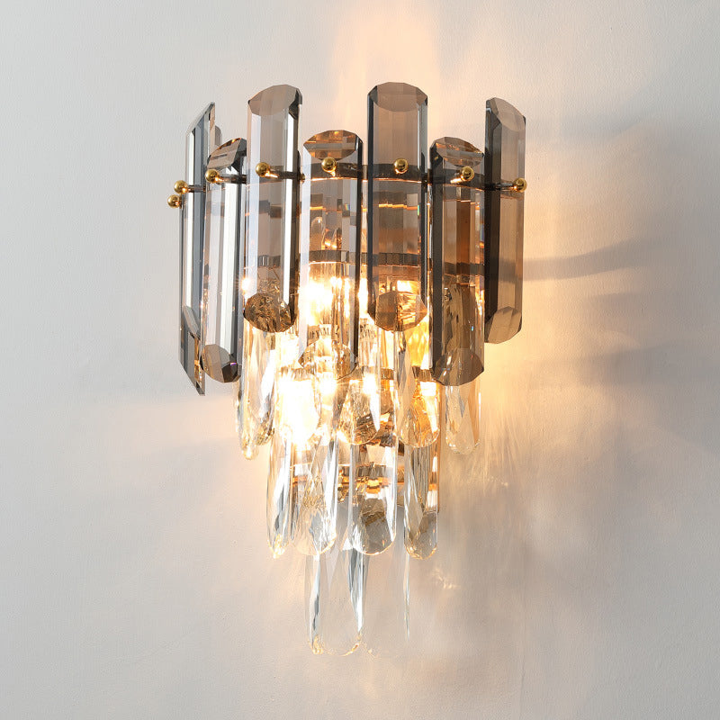 2 Heads Wall Sconce Modernist Tiered Clear and Smoke Gray Crystal Wall Lighting Fixture Clearhalo 'Modern wall lights' 'Modern' 'Wall Lamps & Sconces' 'Wall Lights' Lighting' 885948
