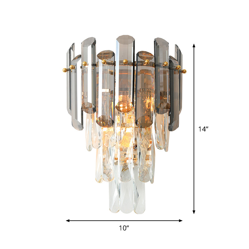 2 Heads Wall Sconce Modernist Tiered Clear and Smoke Gray Crystal Wall Lighting Fixture Clearhalo 'Modern wall lights' 'Modern' 'Wall Lamps & Sconces' 'Wall Lights' Lighting' 885949