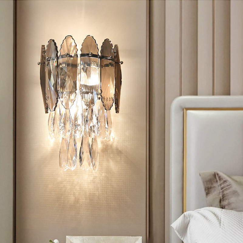 Modern Layered Wall Lighting 2 Lights Clear and Champagne/Smoke Gray Crystal Wall Sconce Light Fixture Smoke Gray Clearhalo 'Modern wall lights' 'Modern' 'Wall Lamps & Sconces' 'Wall Lights' Lighting' 885950