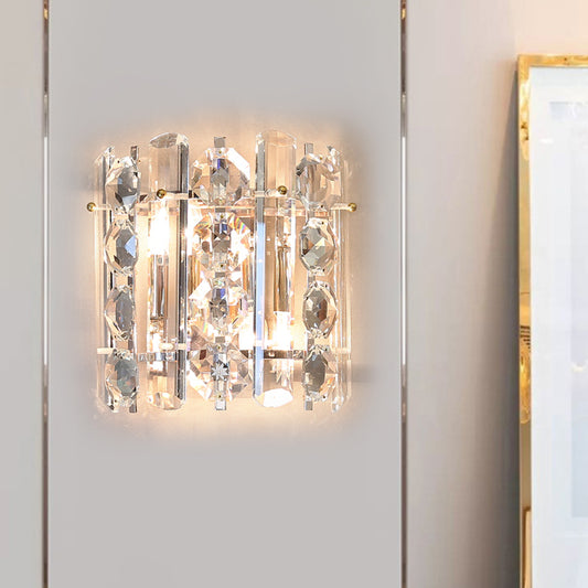 2-Light Wall Lamp Contemporary Living Room Sconce with Half Cylinder Clear Crystal Shade Clear Clearhalo 'Modern wall lights' 'Modern' 'Wall Lamps & Sconces' 'Wall Lights' Lighting' 885958