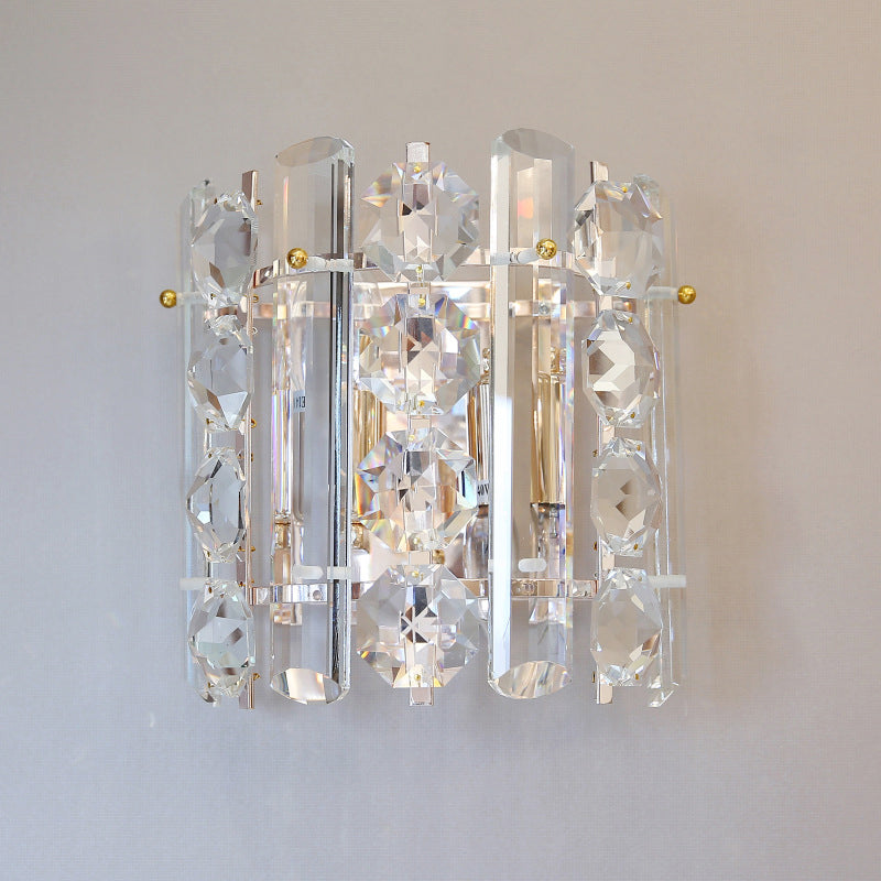 2-Light Wall Lamp Contemporary Living Room Sconce with Half Cylinder Clear Crystal Shade Clearhalo 'Modern wall lights' 'Modern' 'Wall Lamps & Sconces' 'Wall Lights' Lighting' 885960