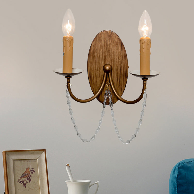 Wood Candle Wall Sconce Light Rustic Crystal Bead 2 Lights Hallway Wall Mount Lamp Wood Clearhalo 'Wall Lamps & Sconces' 'Wall Lights' Lighting' 885971