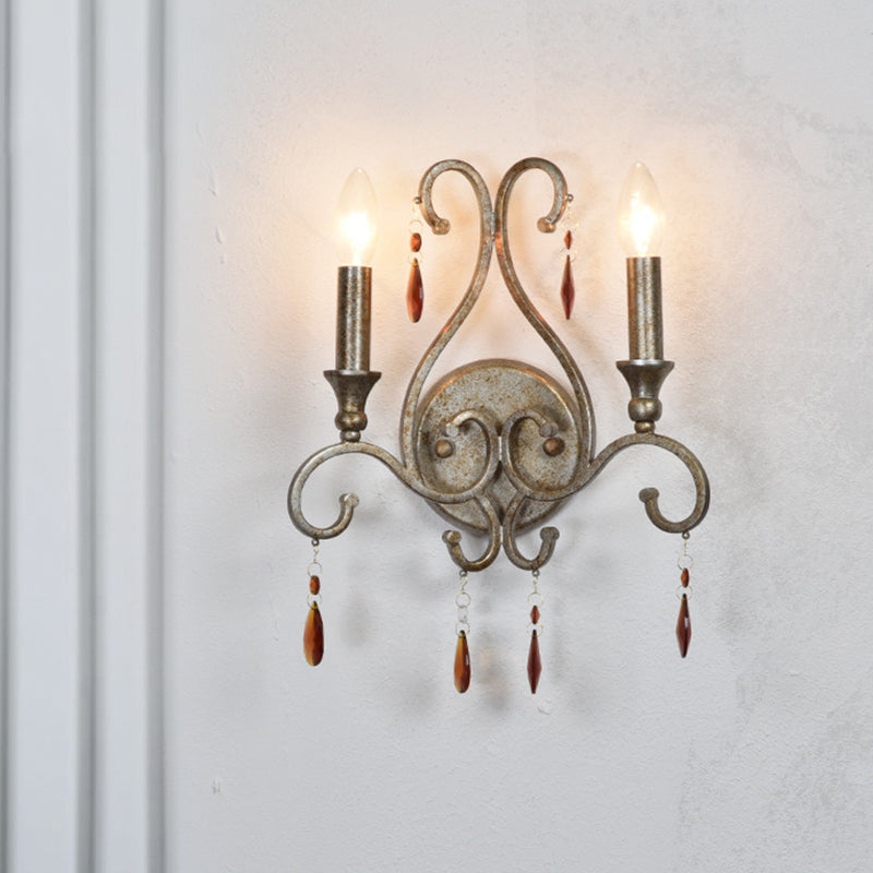 Aged Silver 2-Head Wall Lamp Rustic Amber Crystal Candlestick Wall Mounted Light Fixture Aged Silver Clearhalo 'Wall Lamps & Sconces' 'Wall Lights' Lighting' 885975