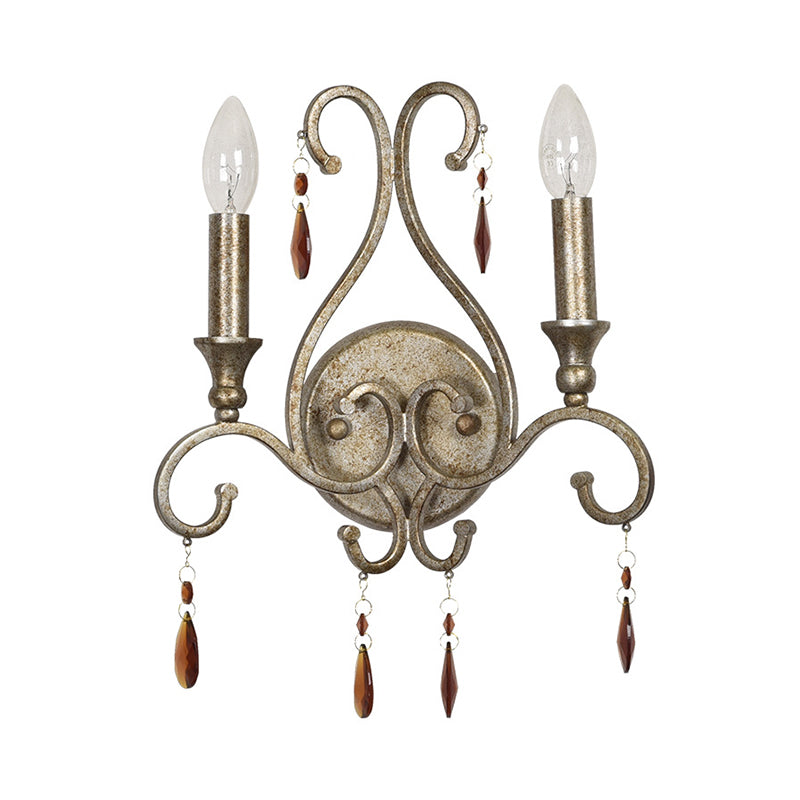 Aged Silver 2-Head Wall Lamp Rustic Amber Crystal Candlestick Wall Mounted Light Fixture Clearhalo 'Wall Lamps & Sconces' 'Wall Lights' Lighting' 885977