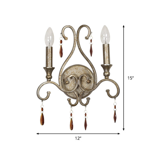 Aged Silver 2-Head Wall Lamp Rustic Amber Crystal Candlestick Wall Mounted Light Fixture Clearhalo 'Wall Lamps & Sconces' 'Wall Lights' Lighting' 885978