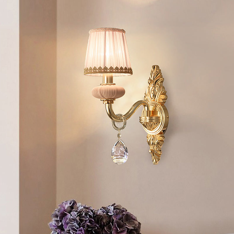 Fabric Pink Wall Light Cone 1/2-Bulb Rural Wall Sconce Lighting Fixture with Clear Crystal Drop 1.0 Pink Clearhalo 'Wall Lamps & Sconces' 'Wall Lights' Lighting' 885979