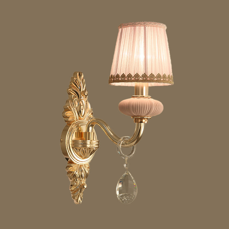 Fabric Pink Wall Light Cone 1/2-Bulb Rural Wall Sconce Lighting Fixture with Clear Crystal Drop Clearhalo 'Wall Lamps & Sconces' 'Wall Lights' Lighting' 885981