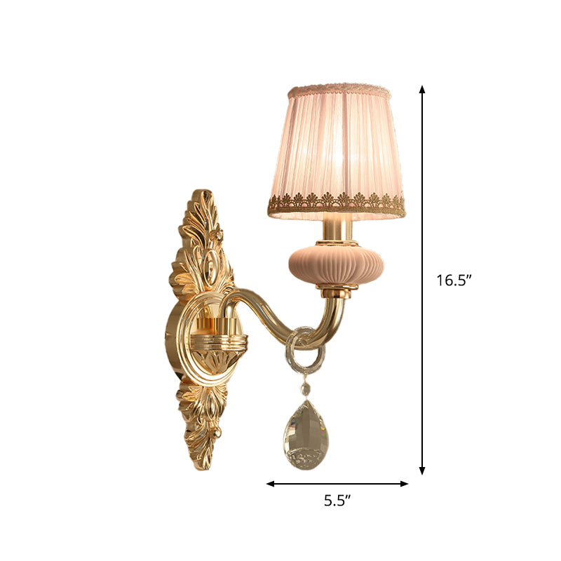 Fabric Pink Wall Light Cone 1/2-Bulb Rural Wall Sconce Lighting Fixture with Clear Crystal Drop Clearhalo 'Wall Lamps & Sconces' 'Wall Lights' Lighting' 885982