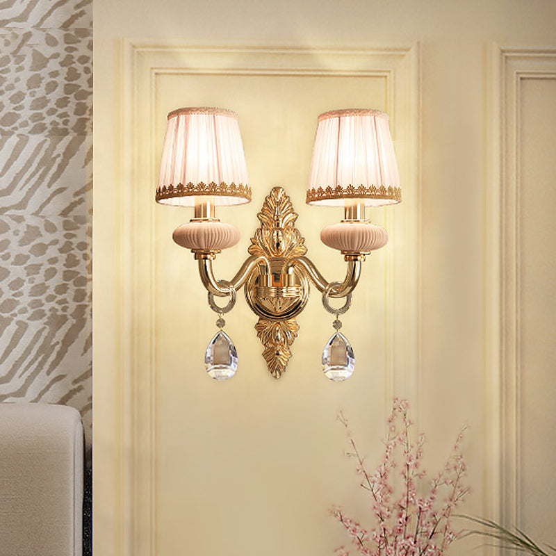 Fabric Pink Wall Light Cone 1/2-Bulb Rural Wall Sconce Lighting Fixture with Clear Crystal Drop Clearhalo 'Wall Lamps & Sconces' 'Wall Lights' Lighting' 885984