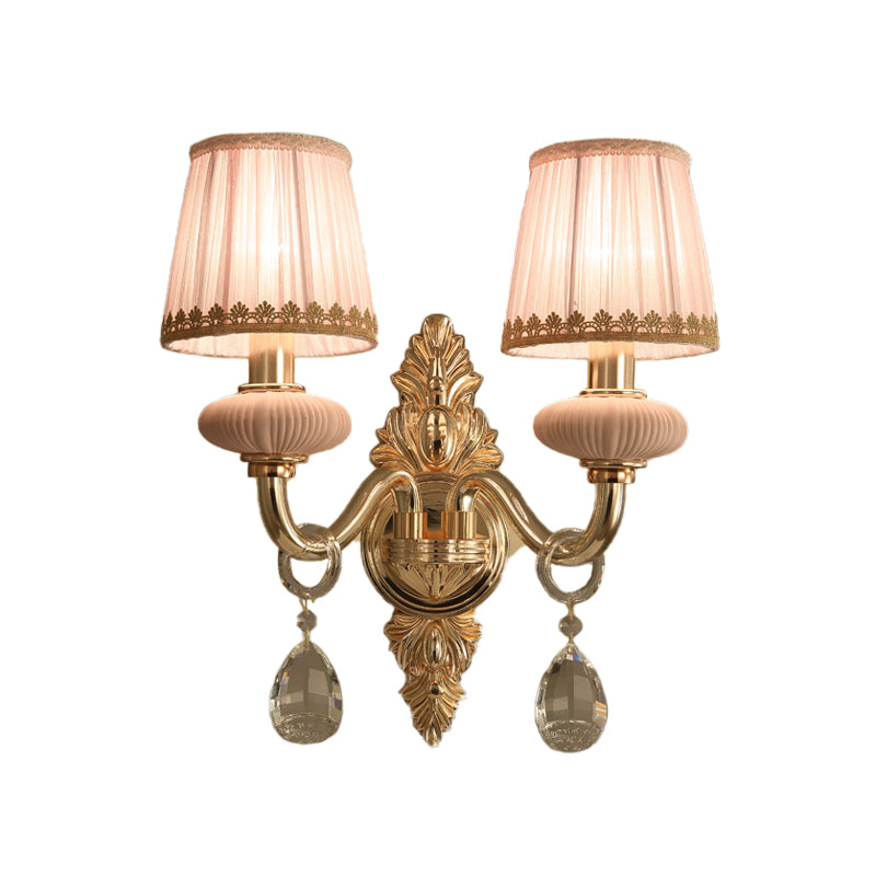 Fabric Pink Wall Light Cone 1/2-Bulb Rural Wall Sconce Lighting Fixture with Clear Crystal Drop Clearhalo 'Wall Lamps & Sconces' 'Wall Lights' Lighting' 885985