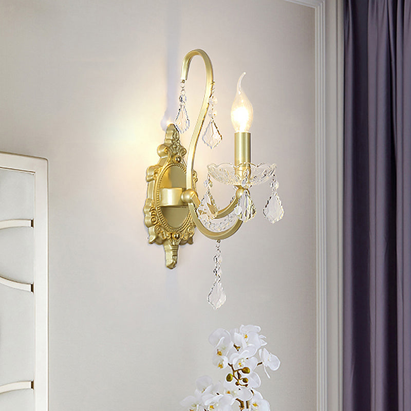 Rural Candle Wall Sconce Lamp 1/2-Head Crystal Wall Lighting Fixture in Gold for Living Room 1.0 Gold Clearhalo 'Wall Lamps & Sconces' 'Wall Lights' Lighting' 885988