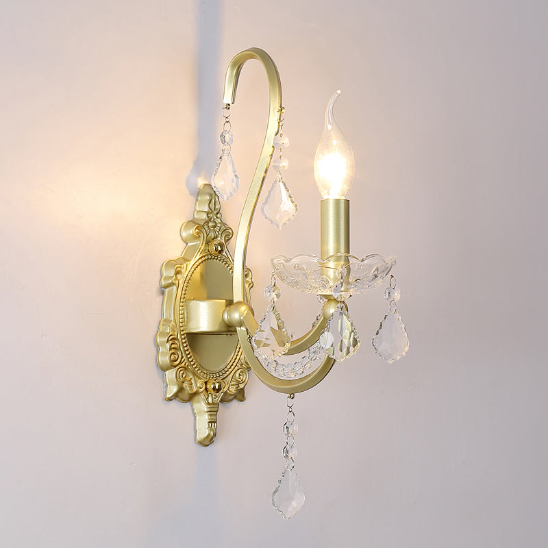 Rural Candle Wall Sconce Lamp 1/2-Head Crystal Wall Lighting Fixture in Gold for Living Room Clearhalo 'Wall Lamps & Sconces' 'Wall Lights' Lighting' 885989