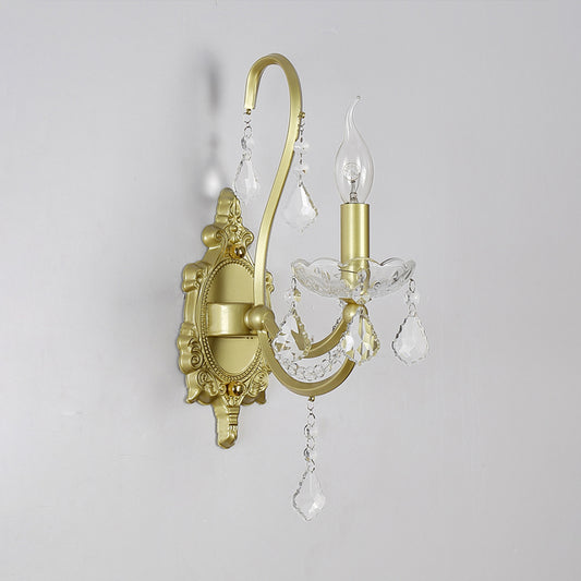 Rural Candle Wall Sconce Lamp 1/2-Head Crystal Wall Lighting Fixture in Gold for Living Room Clearhalo 'Wall Lamps & Sconces' 'Wall Lights' Lighting' 885990