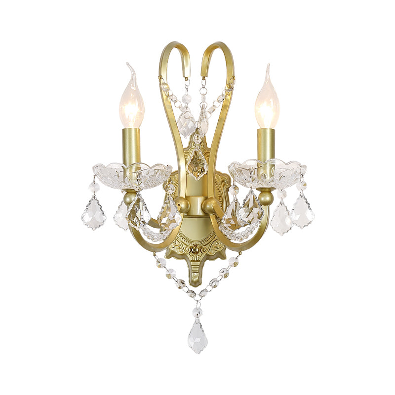 Rural Candle Wall Sconce Lamp 1/2-Head Crystal Wall Lighting Fixture in Gold for Living Room Clearhalo 'Wall Lamps & Sconces' 'Wall Lights' Lighting' 885994