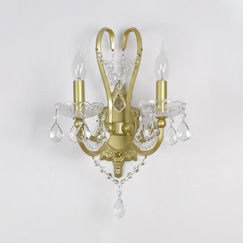 Rural Candle Wall Sconce Lamp 1/2-Head Crystal Wall Lighting Fixture in Gold for Living Room Clearhalo 'Wall Lamps & Sconces' 'Wall Lights' Lighting' 885995