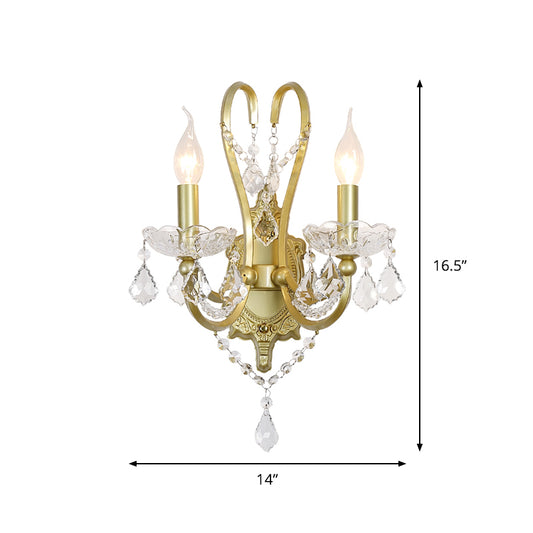 Rural Candle Wall Sconce Lamp 1/2-Head Crystal Wall Lighting Fixture in Gold for Living Room Clearhalo 'Wall Lamps & Sconces' 'Wall Lights' Lighting' 885996