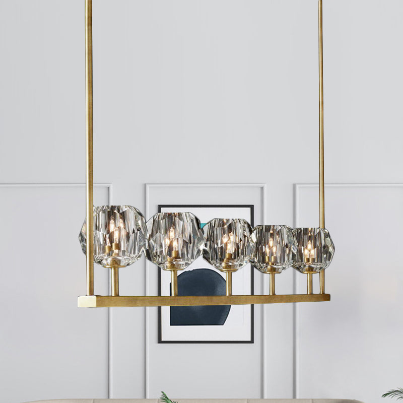 Beveled Crystal Brass Island Light Linear 5 Bulbs Postmodern Ceiling Suspension Lamp Brass Clearhalo 'Ceiling Lights' 'Island Lights' Lighting' 886018