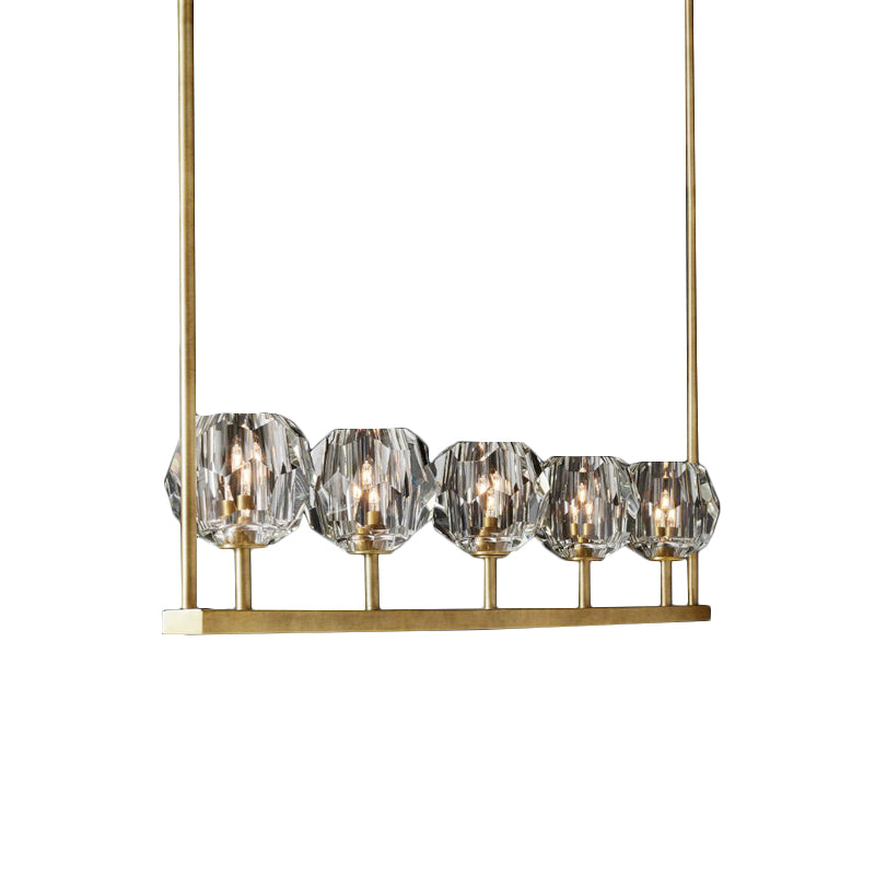 Beveled Crystal Brass Island Light Linear 5 Bulbs Postmodern Ceiling Suspension Lamp Clearhalo 'Ceiling Lights' 'Island Lights' Lighting' 886019
