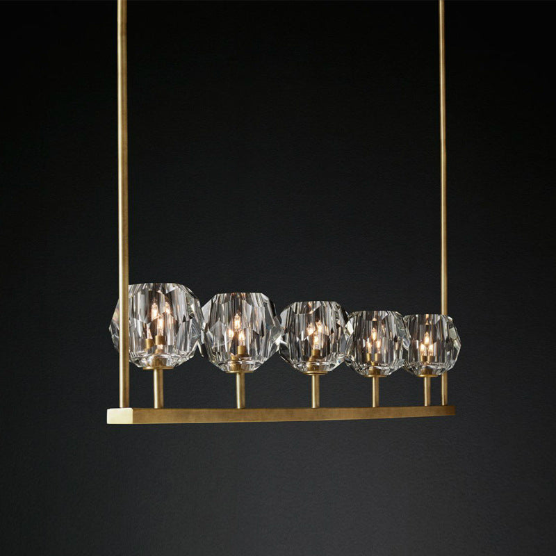 Beveled Crystal Brass Island Light Linear 5 Bulbs Postmodern Ceiling Suspension Lamp Clearhalo 'Ceiling Lights' 'Island Lights' Lighting' 886020