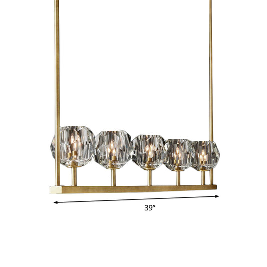 Beveled Crystal Brass Island Light Linear 5 Bulbs Postmodern Ceiling Suspension Lamp Clearhalo 'Ceiling Lights' 'Island Lights' Lighting' 886021