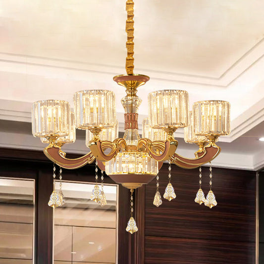 Mid Century Column Pendant Lamp 8-Light Crystal Block Chandelier Light Fixture in Gold Clearhalo 'Ceiling Lights' 'Chandeliers' Lighting' options 886042