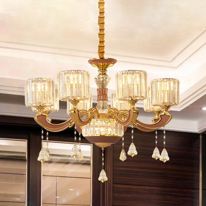 Mid Century Column Pendant Lamp 8-Light Crystal Block Chandelier Light Fixture in Gold Gold Clearhalo 'Ceiling Lights' 'Chandeliers' Lighting' options 886042_af532886-31b0-484d-9e02-a180e6b8d27e