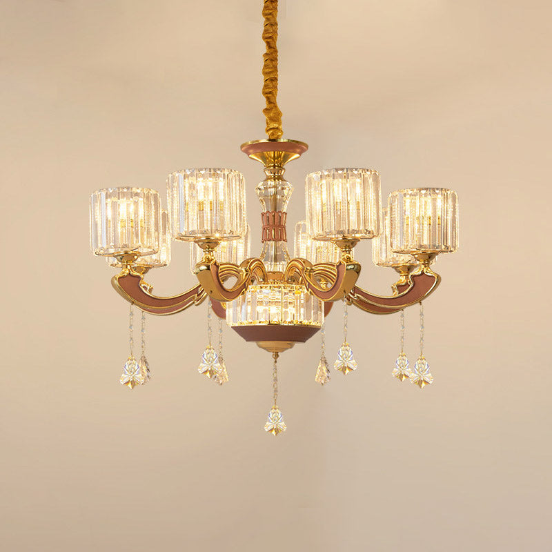 Mid Century Column Pendant Lamp 8-Light Crystal Block Chandelier Light Fixture in Gold Clearhalo 'Ceiling Lights' 'Chandeliers' Lighting' options 886044