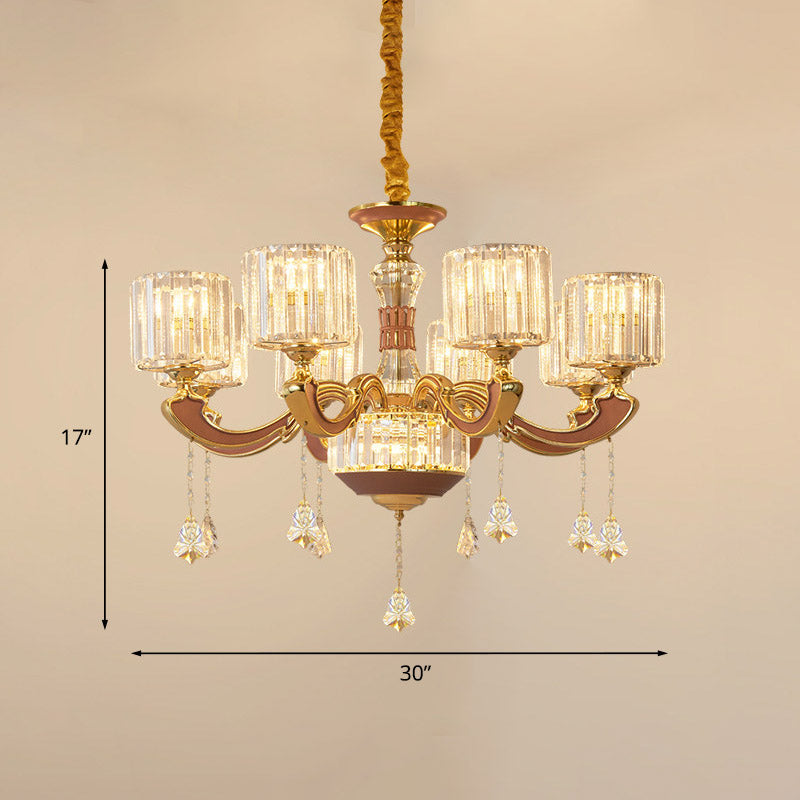 Mid Century Column Pendant Lamp 8-Light Crystal Block Chandelier Light Fixture in Gold Clearhalo 'Ceiling Lights' 'Chandeliers' Lighting' options 886045