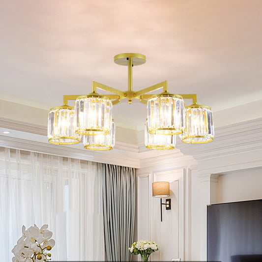 K9 Crystal Cylinder Semi Flush Postmodern 3/6 Bulbs Living Room Ceiling Flush Mount in Gold 6 Gold Clearhalo 'Ceiling Lights' 'Close To Ceiling Lights' 'Close to ceiling' 'Semi-flushmount' Lighting' 886098