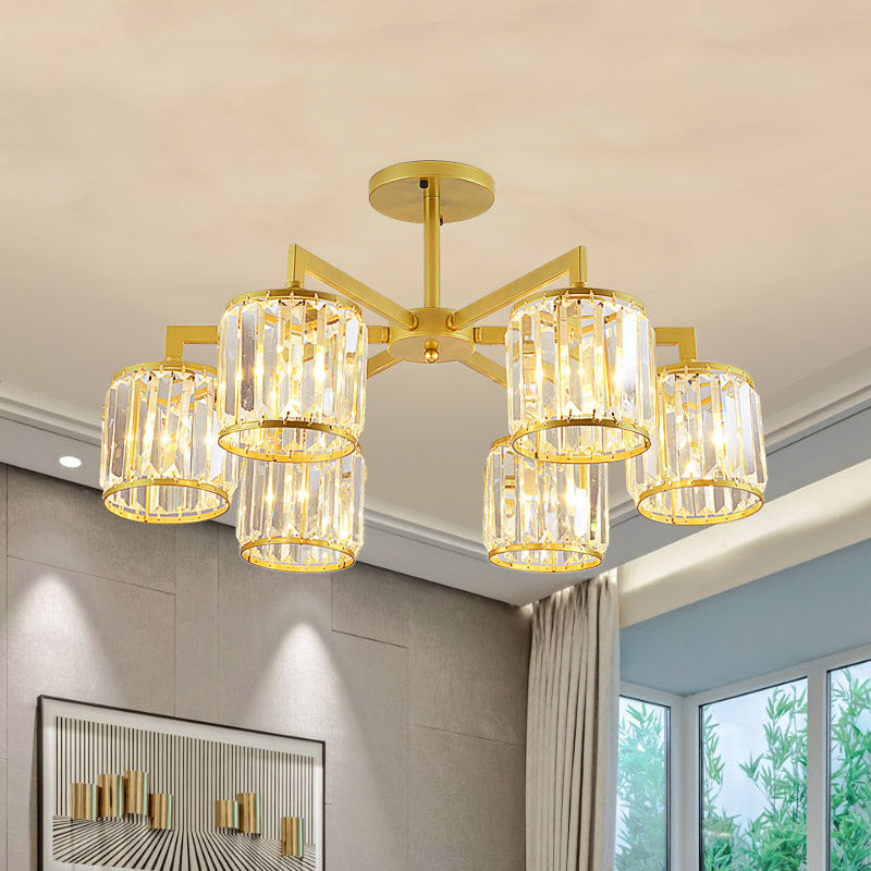 K9 Crystal Cylinder Semi Flush Postmodern 3/6 Bulbs Living Room Ceiling Flush Mount in Gold Clearhalo 'Ceiling Lights' 'Close To Ceiling Lights' 'Close to ceiling' 'Semi-flushmount' Lighting' 886099