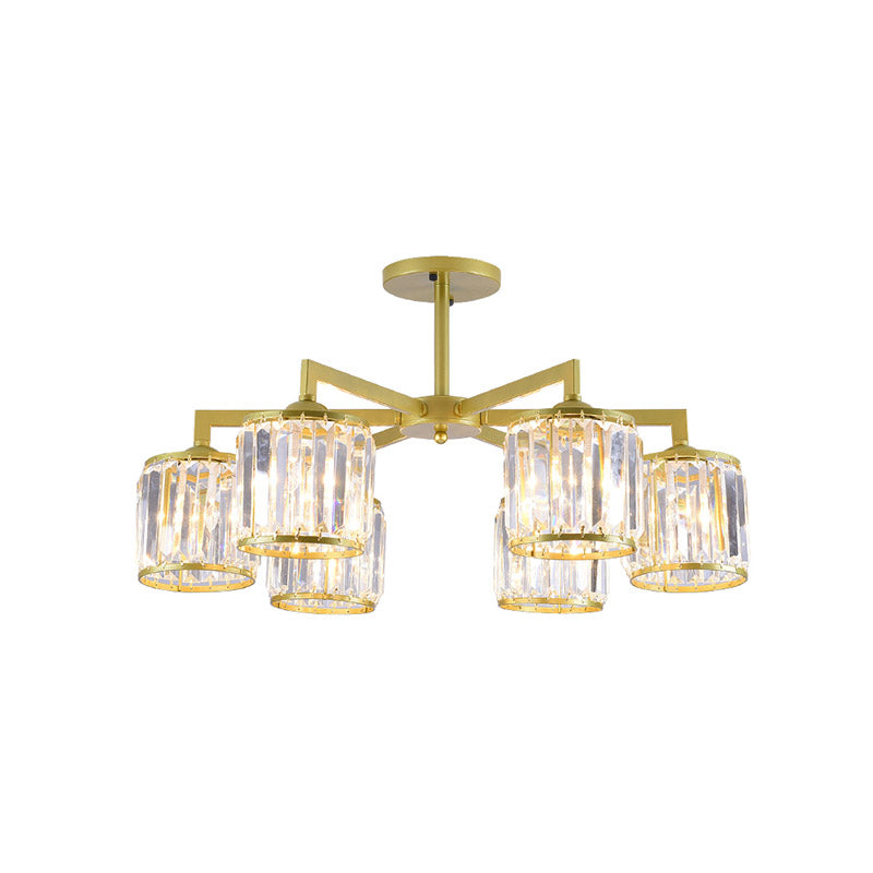 K9 Crystal Cylinder Semi Flush Postmodern 3/6 Bulbs Living Room Ceiling Flush Mount in Gold Clearhalo 'Ceiling Lights' 'Close To Ceiling Lights' 'Close to ceiling' 'Semi-flushmount' Lighting' 886100