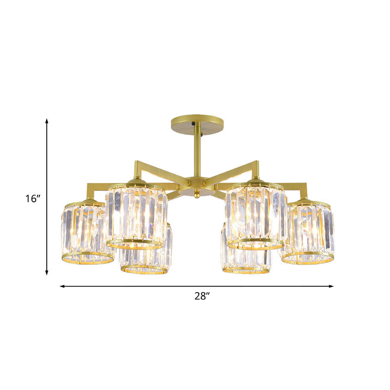 K9 Crystal Cylinder Semi Flush Postmodern 3/6 Bulbs Living Room Ceiling Flush Mount in Gold Clearhalo 'Ceiling Lights' 'Close To Ceiling Lights' 'Close to ceiling' 'Semi-flushmount' Lighting' 886101