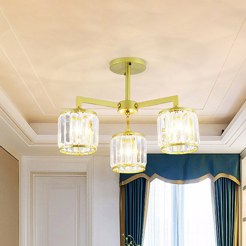 K9 Crystal Cylinder Semi Flush Postmodern 3/6 Bulbs Living Room Ceiling Flush Mount in Gold 3 Gold Clearhalo 'Ceiling Lights' 'Close To Ceiling Lights' 'Close to ceiling' 'Semi-flushmount' Lighting' 886102