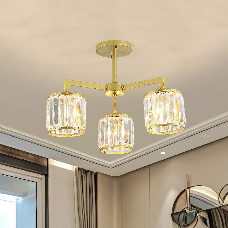 K9 Crystal Cylinder Semi Flush Postmodern 3/6 Bulbs Living Room Ceiling Flush Mount in Gold Clearhalo 'Ceiling Lights' 'Close To Ceiling Lights' 'Close to ceiling' 'Semi-flushmount' Lighting' 886103