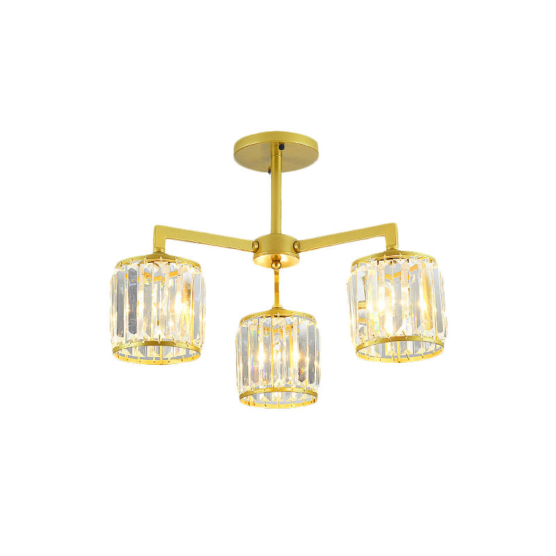 K9 Crystal Cylinder Semi Flush Postmodern 3/6 Bulbs Living Room Ceiling Flush Mount in Gold Clearhalo 'Ceiling Lights' 'Close To Ceiling Lights' 'Close to ceiling' 'Semi-flushmount' Lighting' 886104