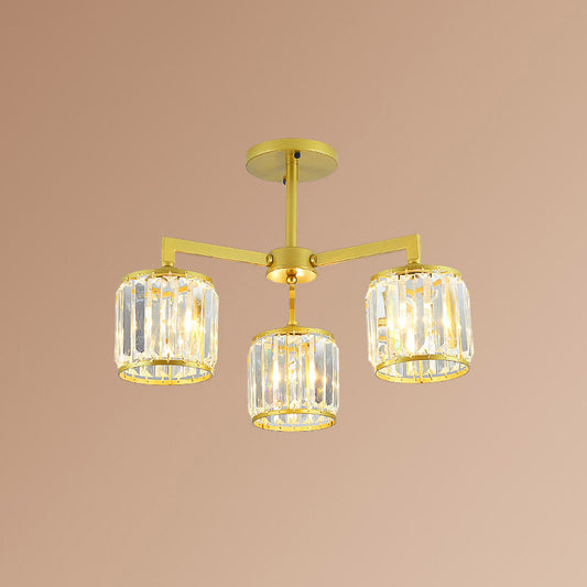 K9 Crystal Cylinder Semi Flush Postmodern 3/6 Bulbs Living Room Ceiling Flush Mount in Gold Clearhalo 'Ceiling Lights' 'Close To Ceiling Lights' 'Close to ceiling' 'Semi-flushmount' Lighting' 886105