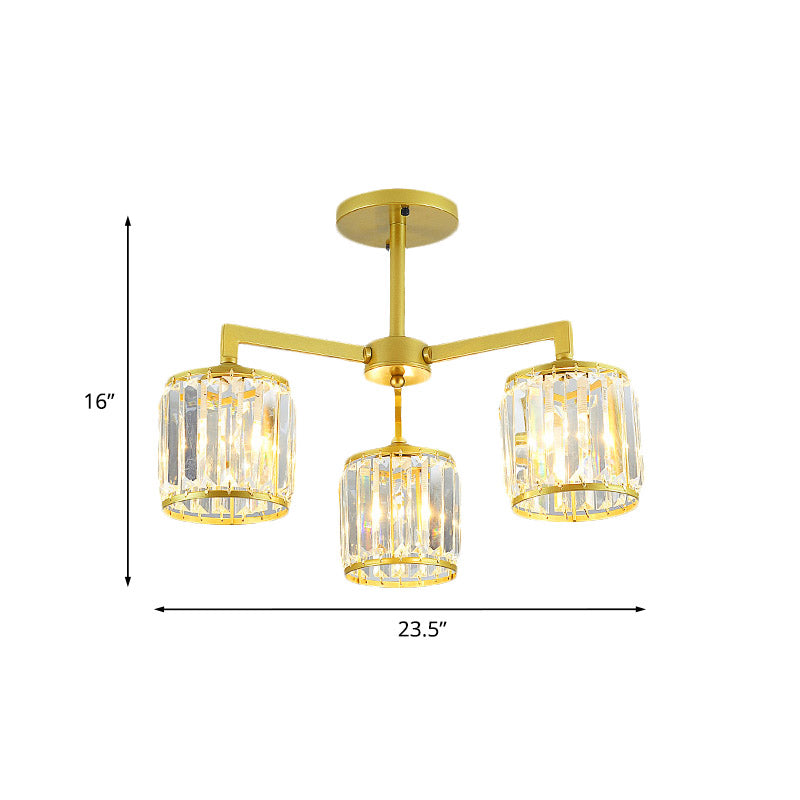 K9 Crystal Cylinder Semi Flush Postmodern 3/6 Bulbs Living Room Ceiling Flush Mount in Gold Clearhalo 'Ceiling Lights' 'Close To Ceiling Lights' 'Close to ceiling' 'Semi-flushmount' Lighting' 886106